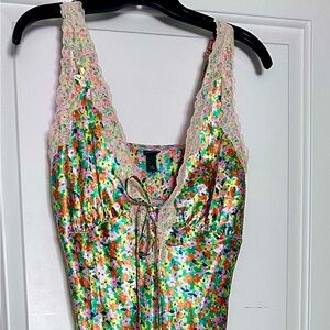 wild fable Floral Satin Slip Dress in Green, Pink & Orange